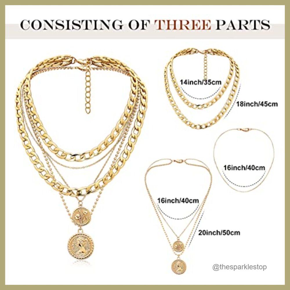 Gold Layered Necklace Set with Coin Pendant, 3 Piece Chain Necklaces - Picture 4 of 7